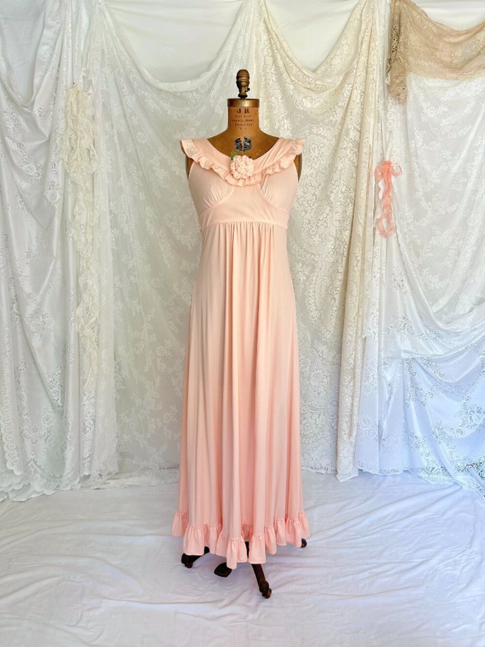Vintage Peach Maxi Dress, Ruffle Neck Empire Waist, Romantic Bridesmaid Gown - Picture 6 of 9